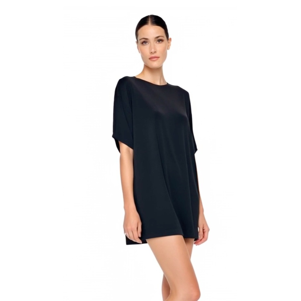 Norma Kamali Black Short Sleeve Boxy MINI DRESS Crew Neck Spandex T-Shirt Large